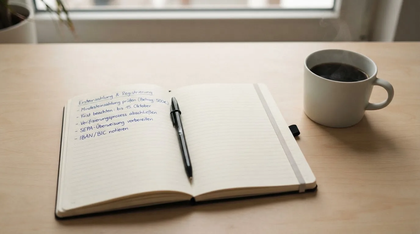 Ein aufgeschlagenes Notizbuch mit handschriftlichen Notizen und ein Kugelschreiber liegen auf einem hellen Schreibtisch neben einer Kaffeetasse.