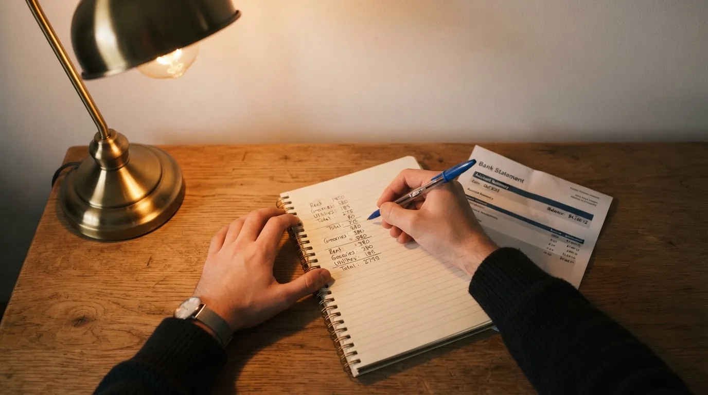 Ein Taschenrechner und ein Blatt Papier mit handschriftlichen Notizen liegen auf einem Schreibtisch unter dem warmen Licht einer Lampe.