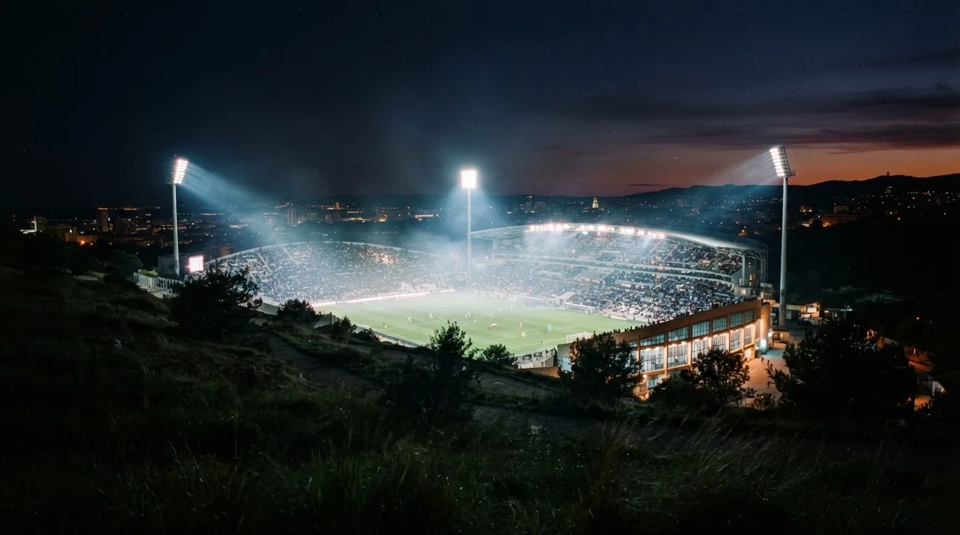 Ein Stadion unter Flutlicht bei Nacht, von einem Hügel aus der Ferne betrachtet, mit Dunst über dem Spielfeld.