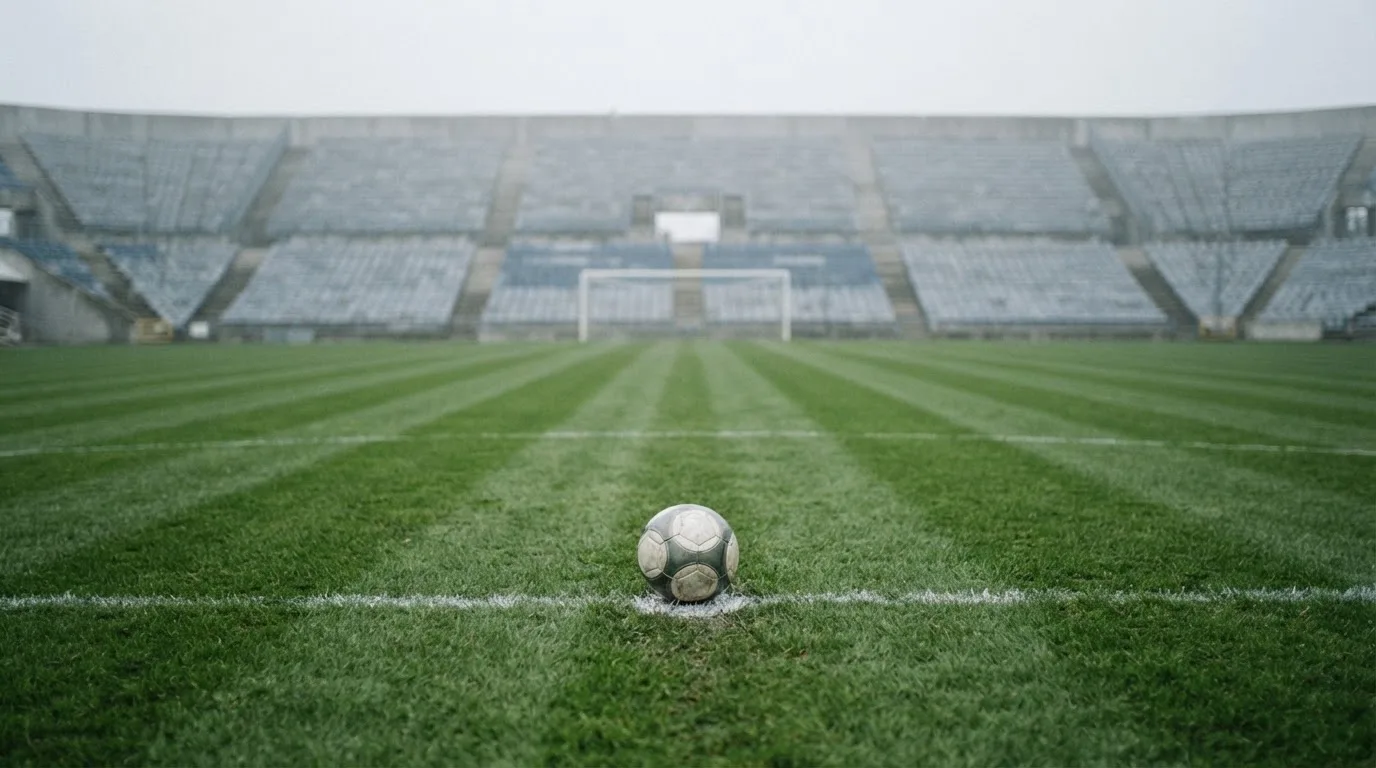 Ein Fußball liegt auf dem Elfmeterpunkt eines leeren Rasenplatzes, im Hintergrund eine Tribüne im Dunst.