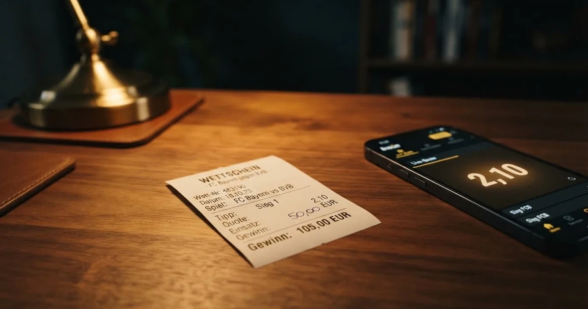 Ein leerer Wettschein aus Papier liegt neben einem Stapel Euro-Münzen auf einem dunklen Holztisch, seitlich von einer Schreibtischlampe beleuchtet.