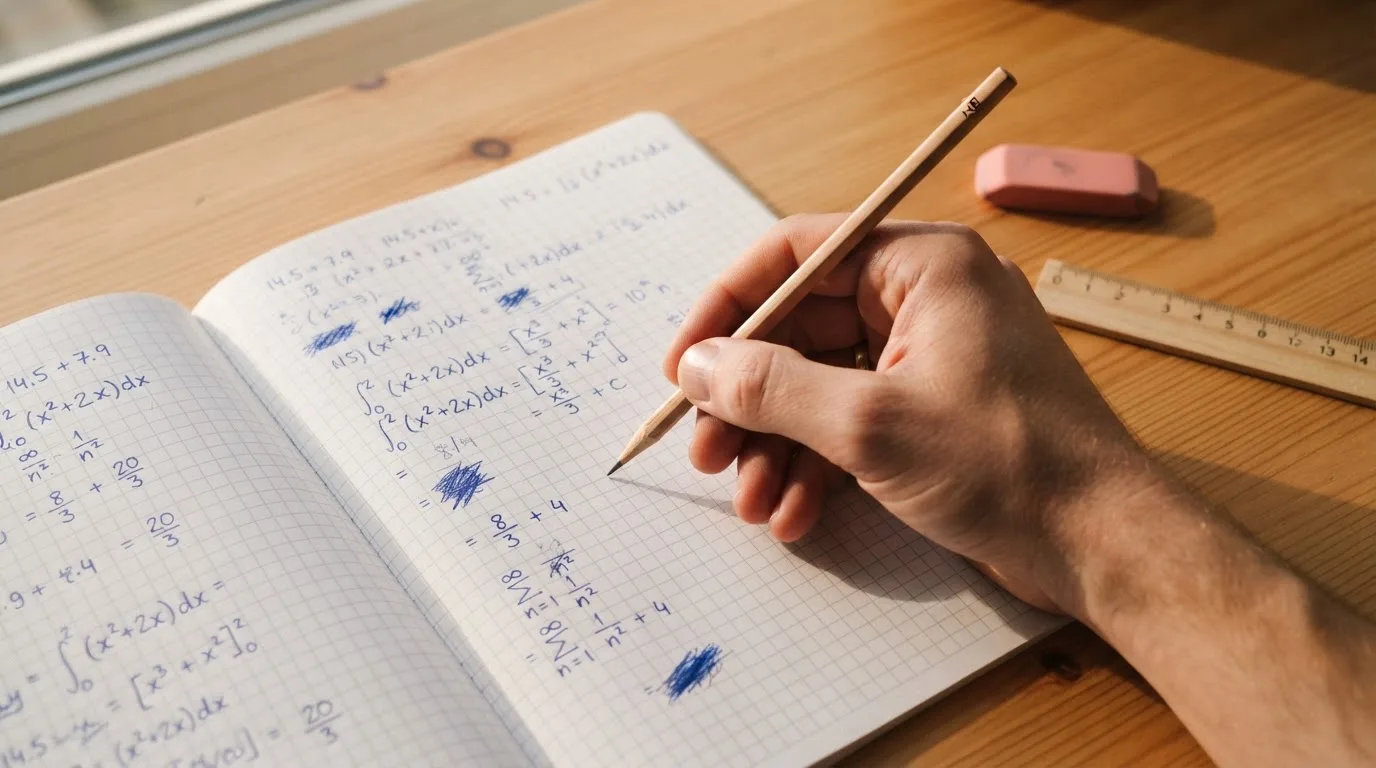 Eine Hand schreibt mit Bleistift Rechenschritte in ein kariertes Heft, daneben liegen ein Radiergummi und ein Taschenrechner.