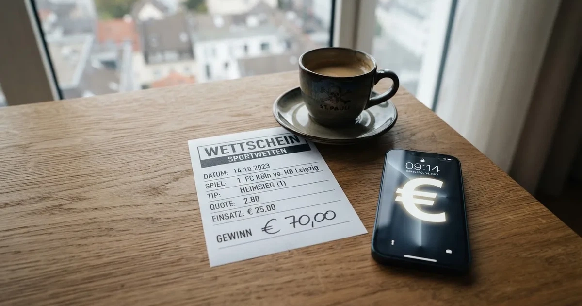 Zwei Euro-Scheine und ein Smartphone liegen auf einem Holztisch neben einer Tasse, im Hintergrund ein unscharfes Fenster.