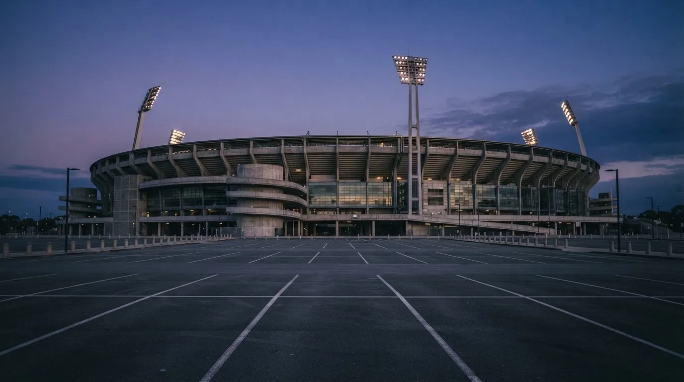 Ein Fußballstadion von außen in der Dämmerung, hohe Flutlichtmasten vor einem violetten Himmel, davor ein leerer Parkplatz.