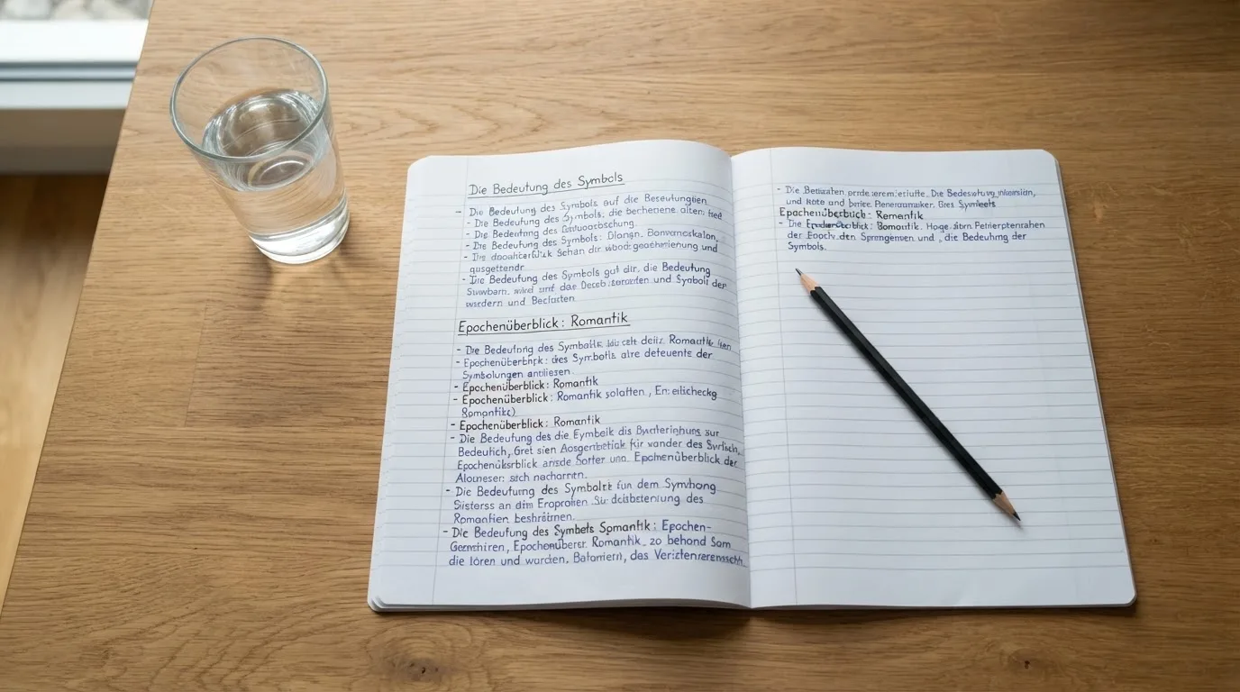 Ein aufgeschlagenes Heft mit handschriftlichen Notizen und ein Bleistift liegen auf einem Schreibtisch, daneben ein Glas Wasser.