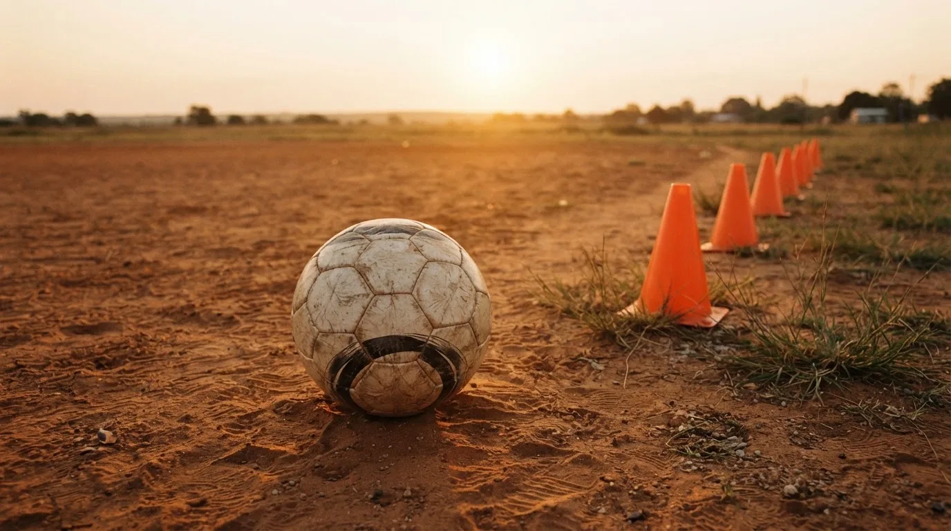 Ein Fußball auf rotem Sandboden neben einer Reihe Hütchen auf einem Trainingsplatz bei untergehender Sonne.