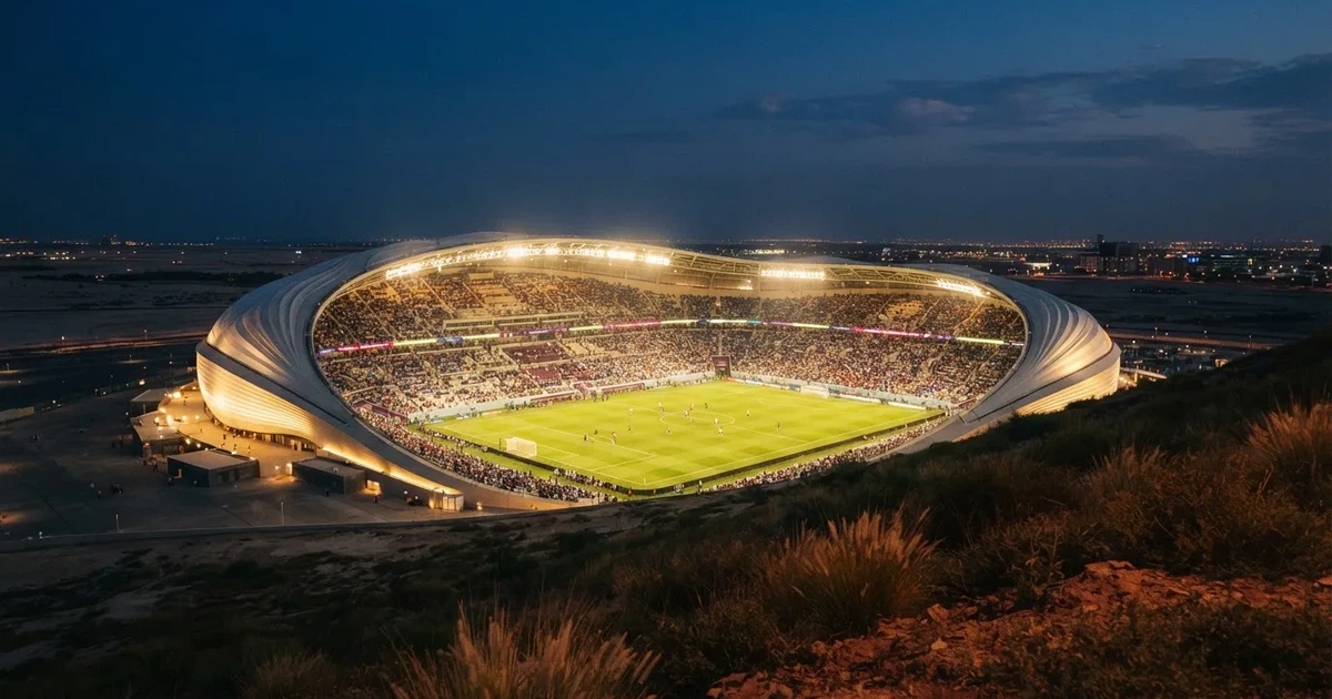 Ein Fußballstadion unter Flutlicht mit hellen Rängen, von einem Hügel aus gesehen, darüber ein dunkelblauer Abendhimmel.