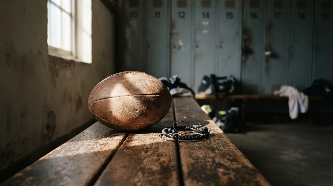 Ein Fußball liegt neben Kopfhörern auf einer Holzbank in einer Umkleide, Licht fällt durch ein schmales Fenster.