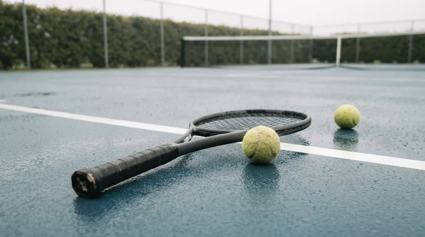 Zwei Tennisbälle und ein Schläger liegen auf der Grundlinie eines Hartplatzes, kleine Wassertropfen glänzen auf dem Belag.