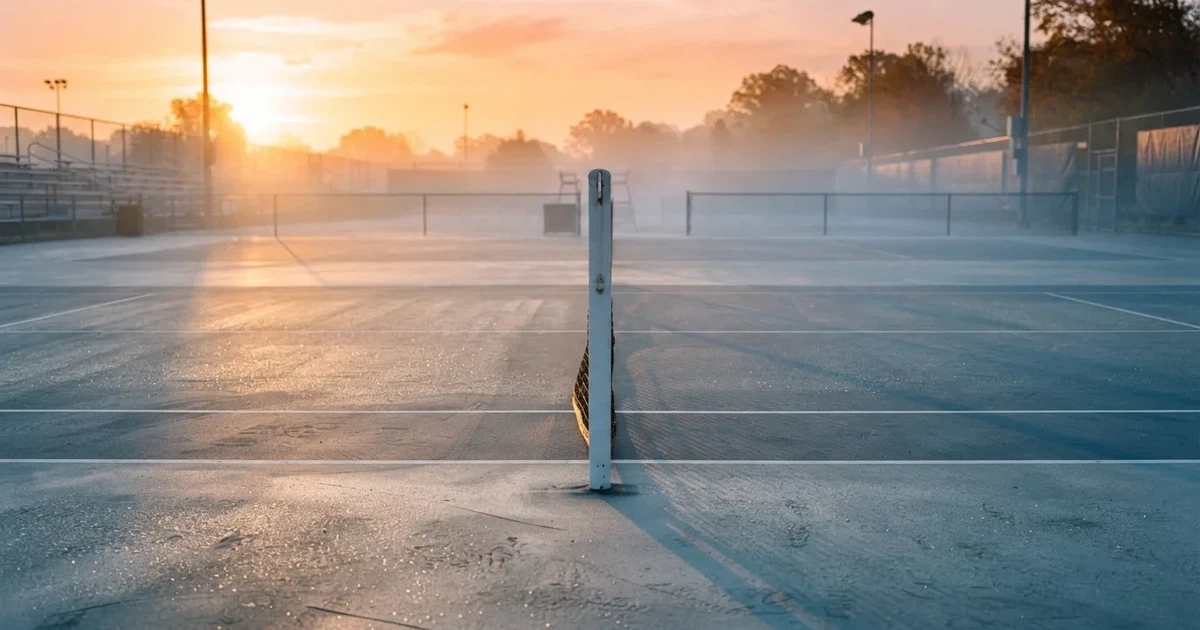 Ein leerer Tennisplatz mit Hartplatzbelag in der Morgendämmerung, das Netz im Gegenlicht und lange Schatten der Linien.