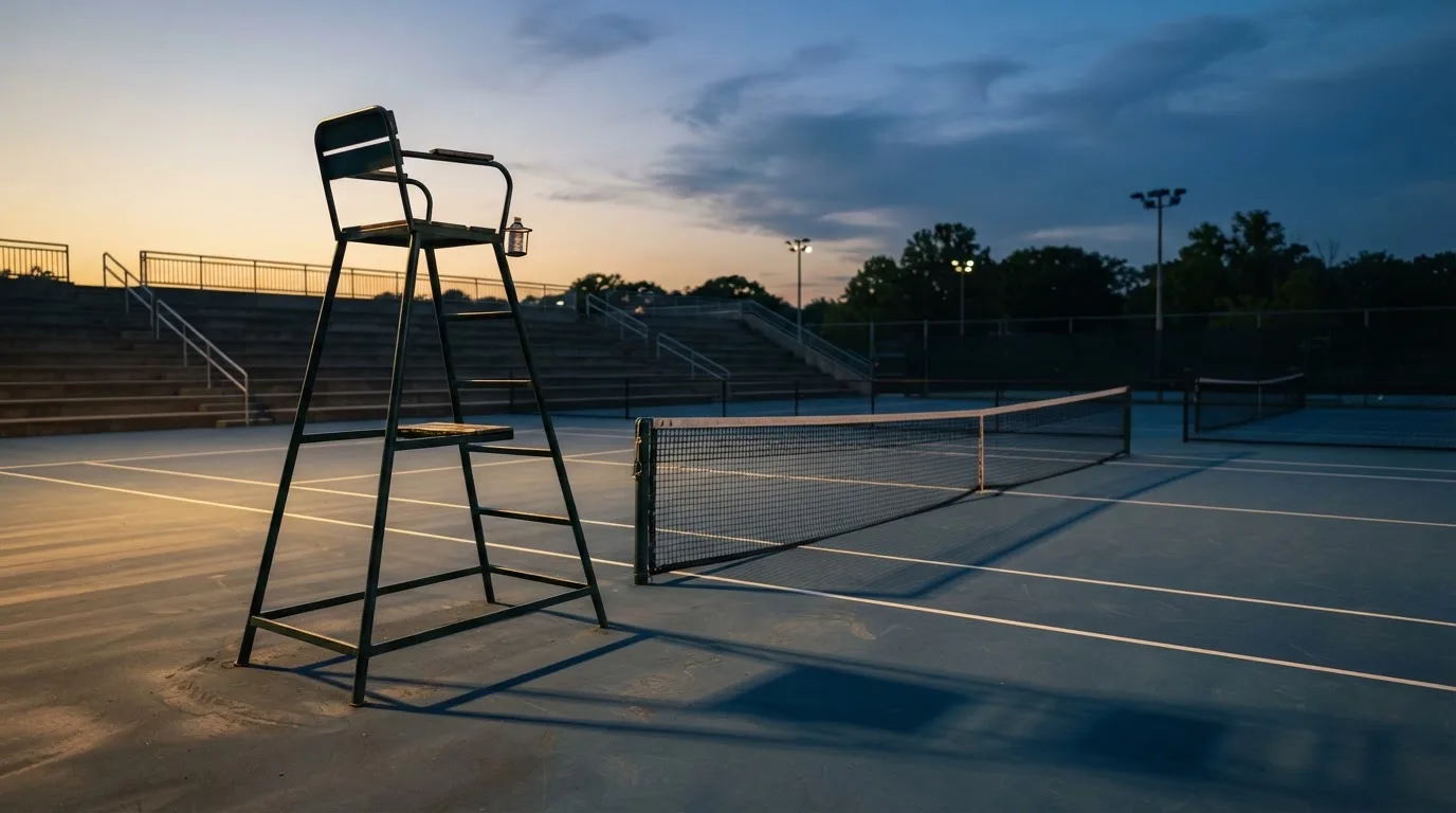 Ein leerer Schiedsrichterstuhl am Spielfeldrand eines Tennisplatzes im Abendlicht, lange Schatten auf dem Belag.