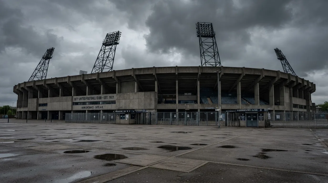 Ein leeres Stadion von außen, hohe Flutlichtmasten vor einem grauen Himmel mit Regenwolken.