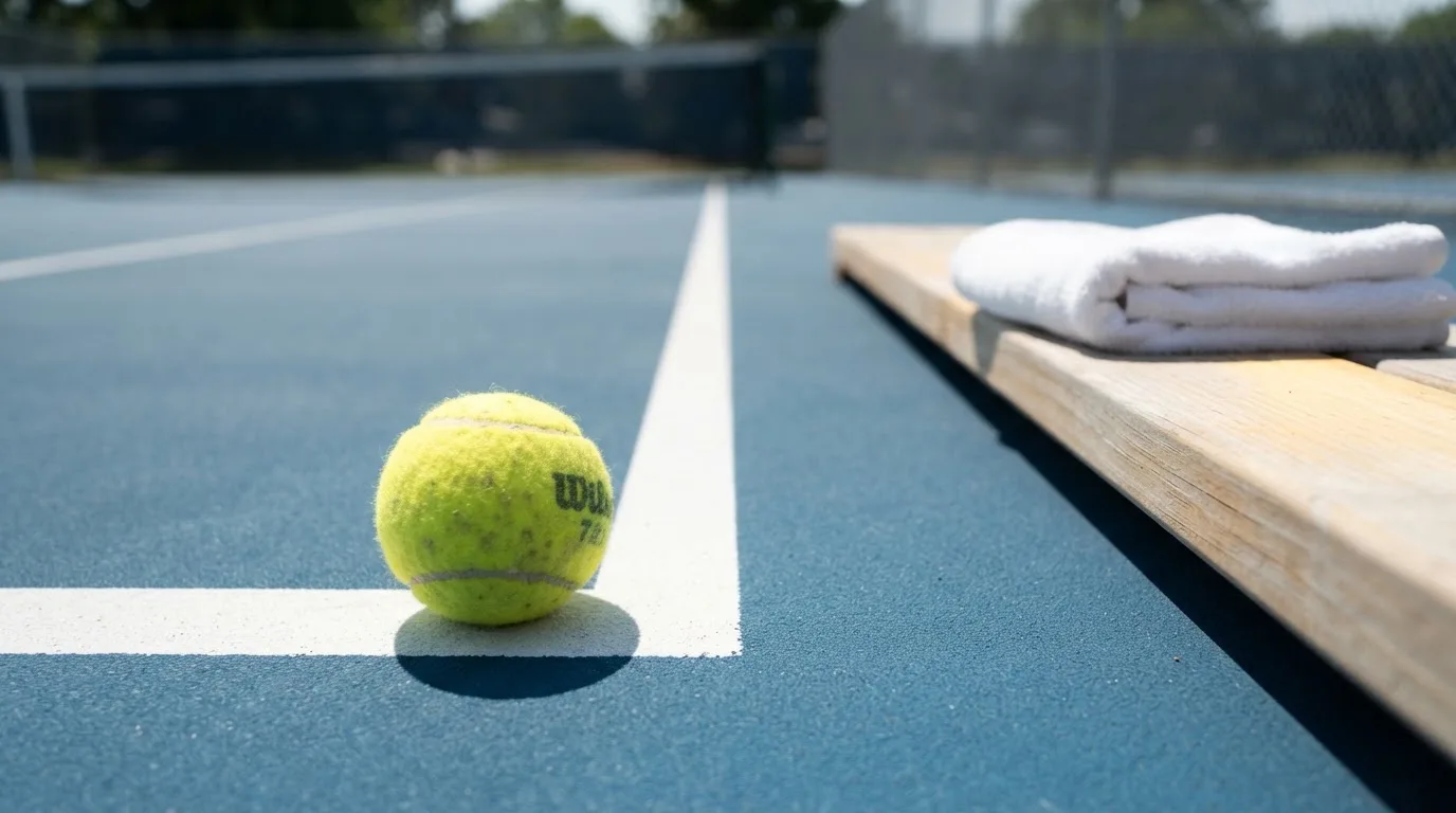 Ein gelber Tennisball liegt auf einer weißen Linie, daneben ein Handtuch auf einer Bank am Spielfeldrand.