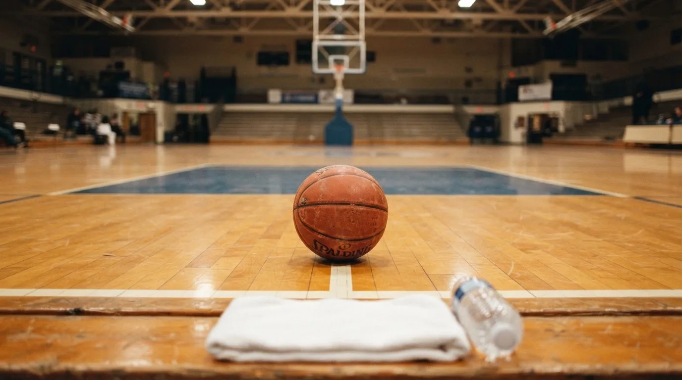 Ein Basketball liegt auf der Freiwurflinie einer Halle, im Vordergrund ein Handtuch auf einer Bank.