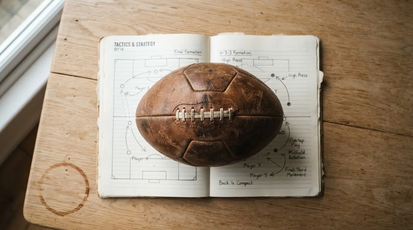 Ein Fußball liegt auf einem Notizbuch mit handgezeichneten Skizzen von Spielzügen, aufgenommen von oben auf einem Holztisch.