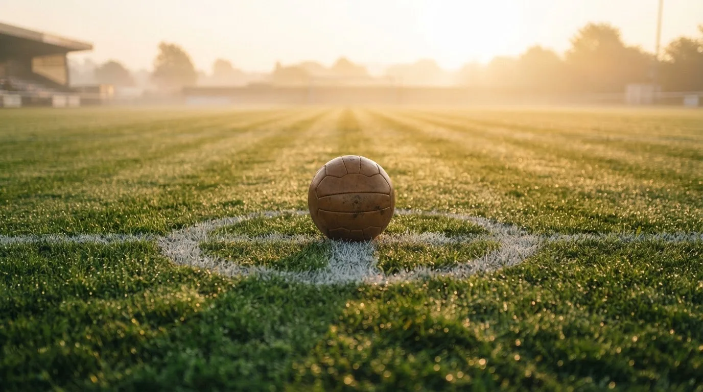 Ein Fußball liegt auf dem Anstoßpunkt eines Rasens bei Sonnenaufgang, Tau glitzert auf den Halmen.