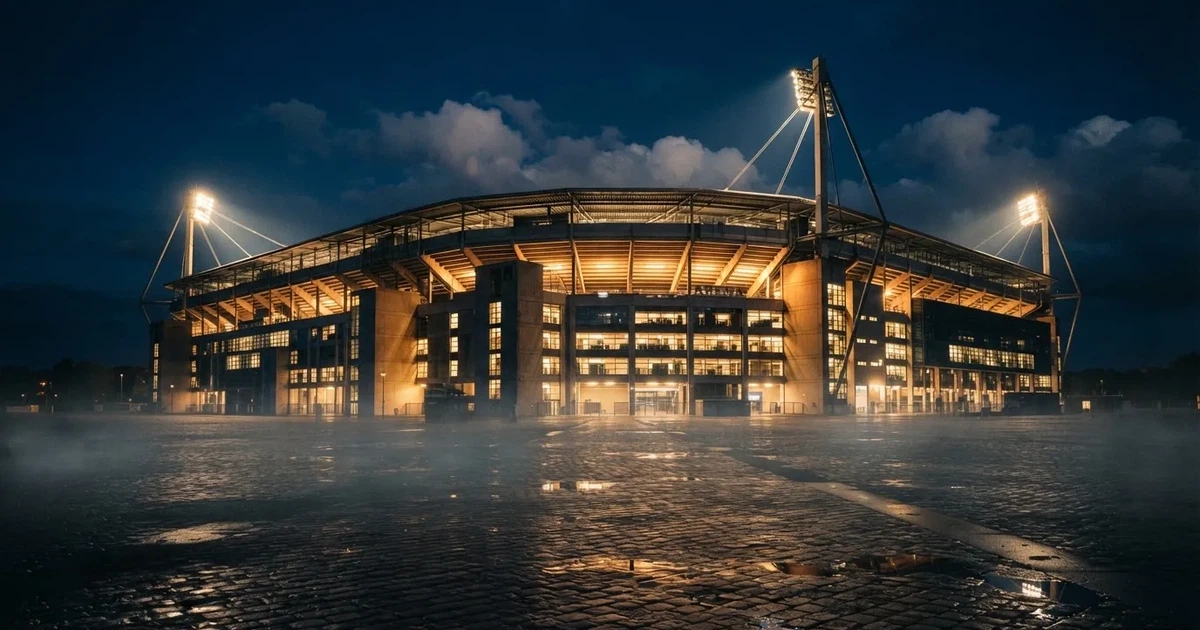 Ein großes Fußballstadion bei Flutlicht von außen, davor ein leerer Vorplatz mit nassem Pflaster und Dunst.