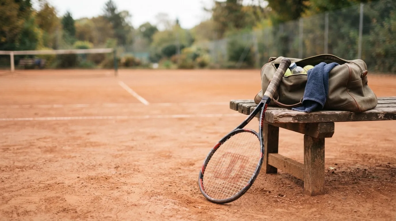 Ein Tennisschläger lehnt an einer Bank neben einer Sporttasche, im Hintergrund ein leerer Platz.