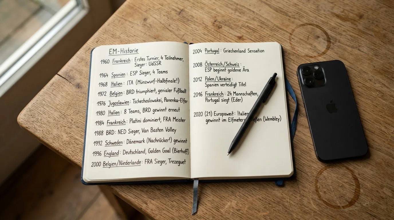 Ein Notizbuch mit handschriftlichen Notizen und ein Kugelschreiber liegen neben einem Smartphone mit dunklem Display auf einem Holztisch.