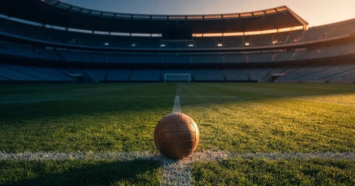 Ein Fußball liegt auf dem Anstoßpunkt eines leeren Rasenplatzes, im Hintergrund eine große Stadiontribüne im Abendlicht.