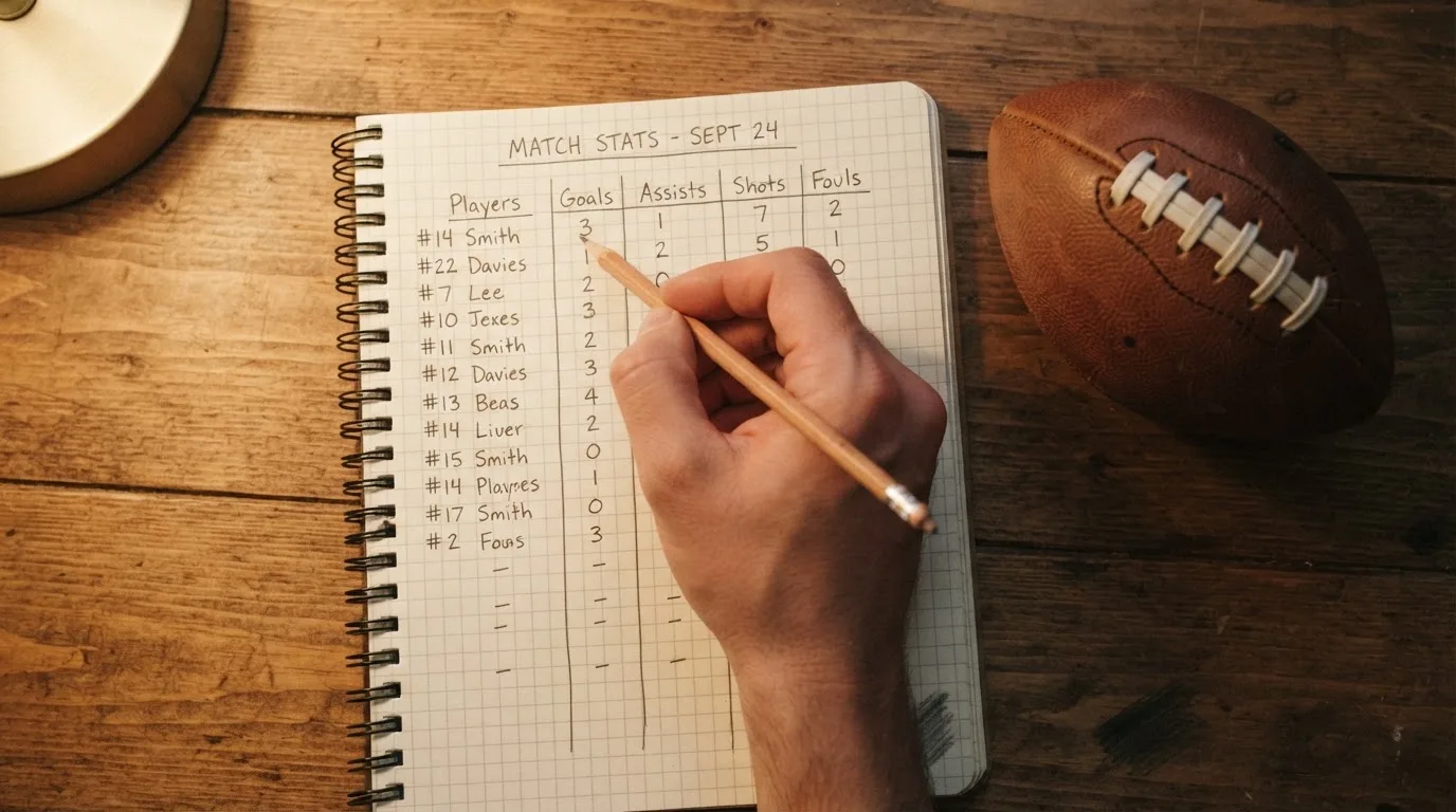 Eine Hand notiert mit Bleistift Zahlen in ein kariertes Heft, daneben liegt ein kleiner Lederfußball auf einer Holzplatte.