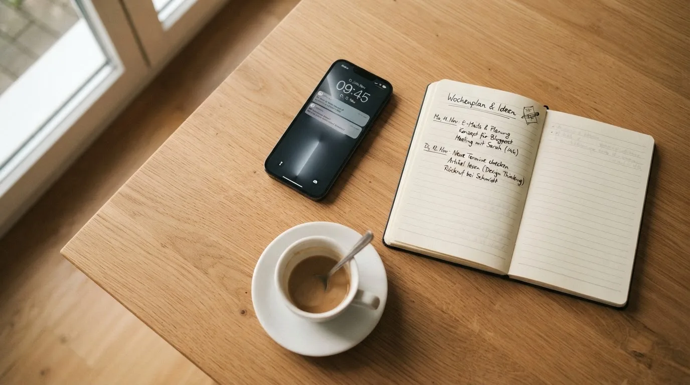 Ein Smartphone mit dunklem Display liegt neben einer Kaffeetasse und einem Notizblock auf einem hellen Tisch.