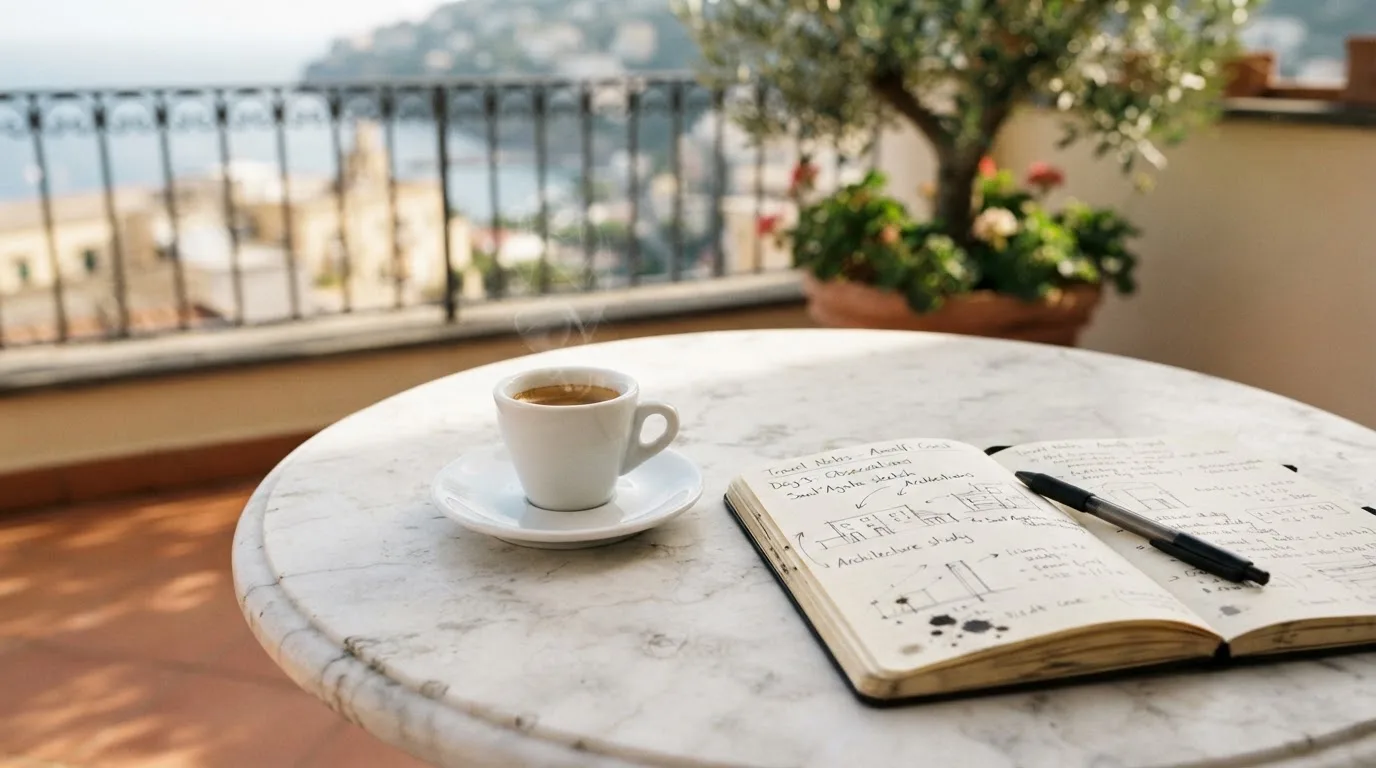 Eine Espressotasse steht auf einem kleinen Marmortisch einer Terrasse, daneben ein Notizheft mit handschriftlichen Skizzen.
