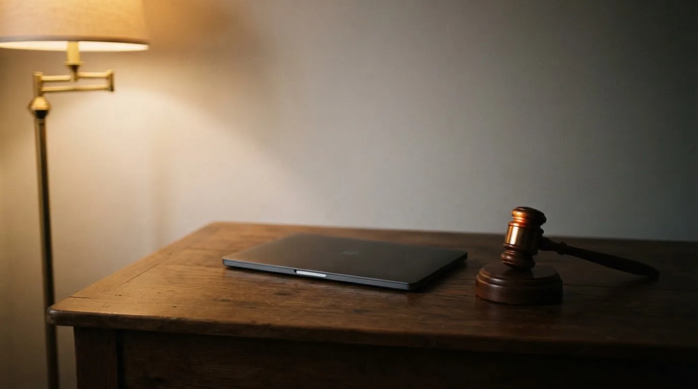 Ein Schreibtisch mit Stehlampe, einem geschlossenen Laptop und einem hölzernen Richterhammer im Halbdunkel.