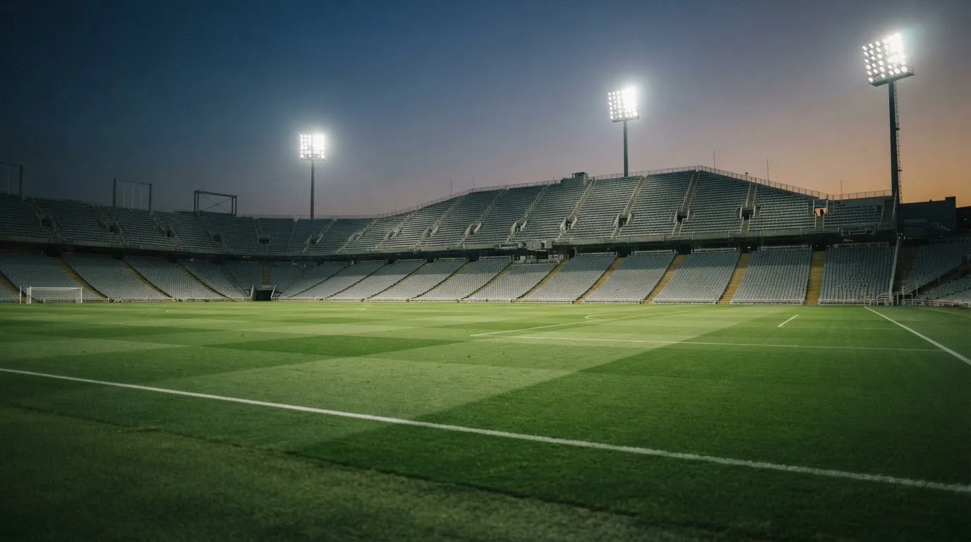 Eine leere Stadiontribüne unter Flutlicht aus der Ferne betrachtet, die Rasenfläche leuchtet grün in der Dämmerung.