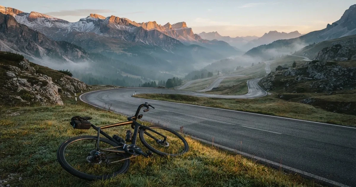 Eine leere Landstraße schlängelt sich im Morgenlicht durch einen Gebirgspass, am Straßenrand liegt ein einzelnes Rennrad im Gras.
