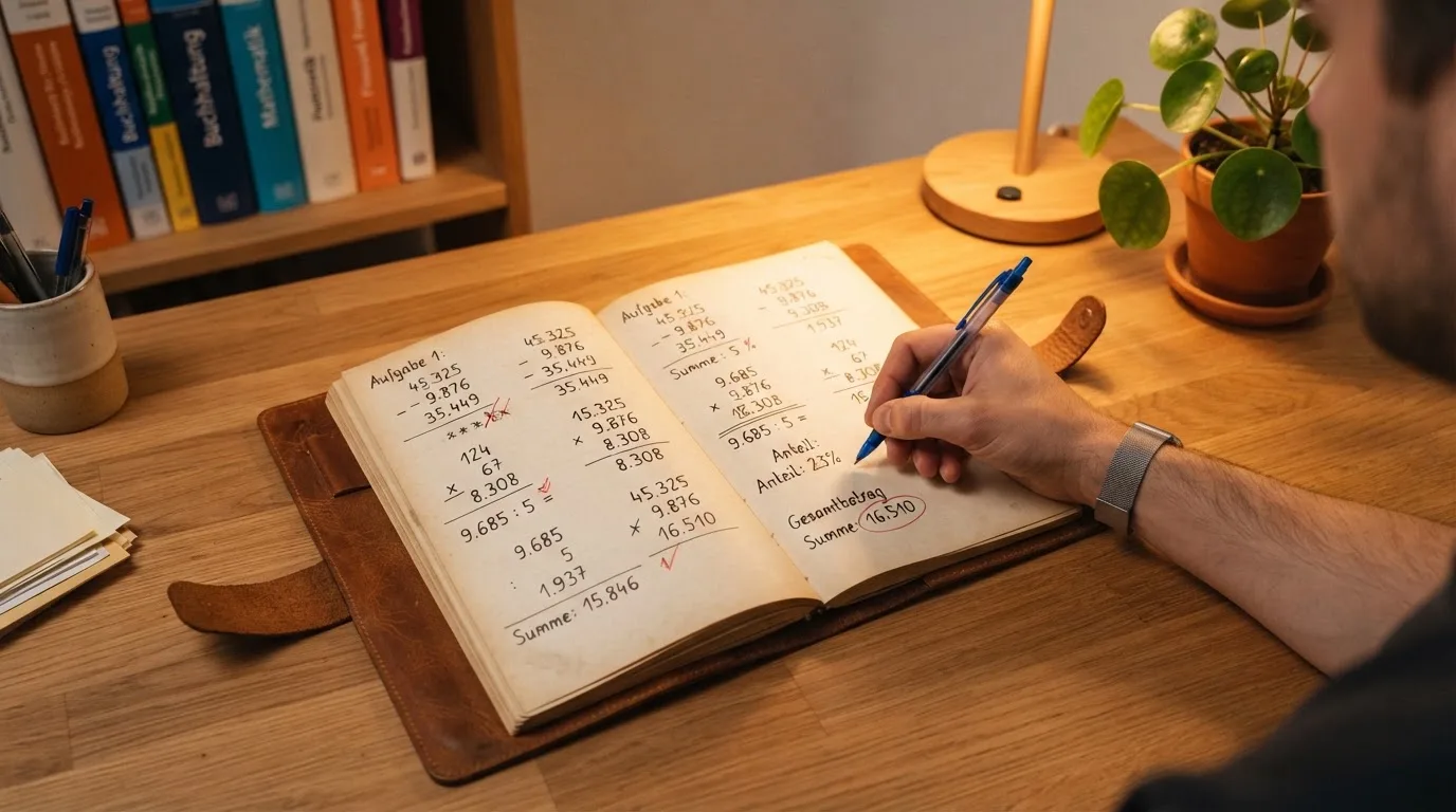 Ein Notizbuch mit handschriftlichen Rechnungen und ein Taschenrechner liegen auf einem aufgeräumten Schreibtisch in warmem Licht.