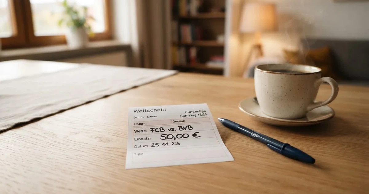 Ein leerer Papier-Wettschein liegt neben einem Kugelschreiber und einer Kaffeetasse auf einem hellen Holztisch, Tageslicht von links.