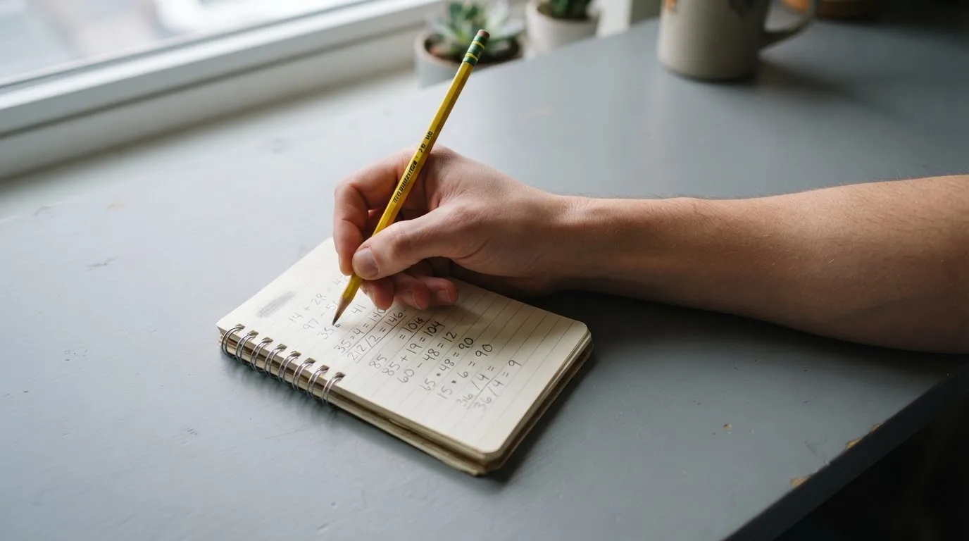 Ein Taschenrechner, ein Bleistift und ein Block mit handschriftlichen Zahlenreihen liegen auf einer grauen Arbeitsfläche.