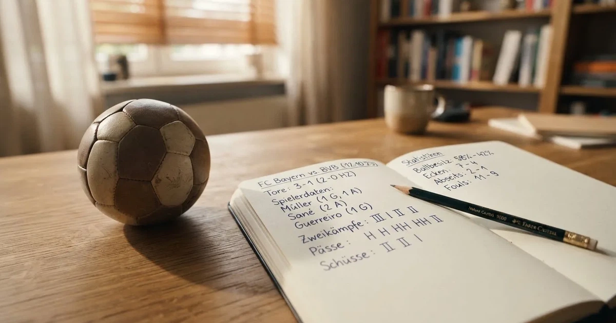 Ein Notizbuch mit handschriftlichen Strichlisten, ein Bleistift und ein kleiner Fußball liegen auf einem Schreibtisch vor einem Fenster.