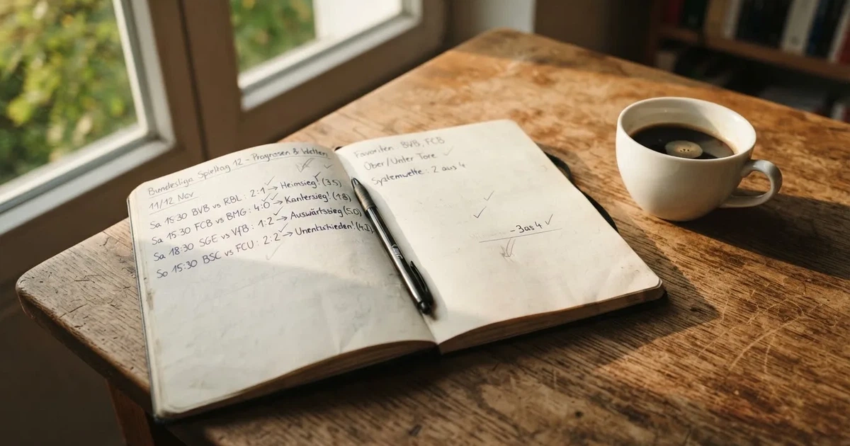 Ein aufgeklapptes Notizbuch mit handschriftlichen Pfeilen und Kreuzen liegt neben einem Kugelschreiber und einem Becher Kaffee auf einem Tisch am Fenster.
