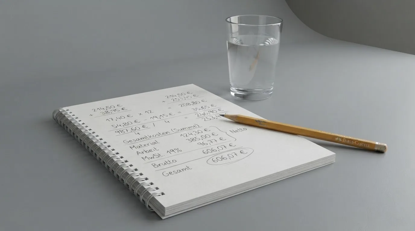 Ein Taschenrechner liegt auf einem Schreibtisch neben einem Block mit handschriftlichen Rechnungen und einem Glas Wasser.