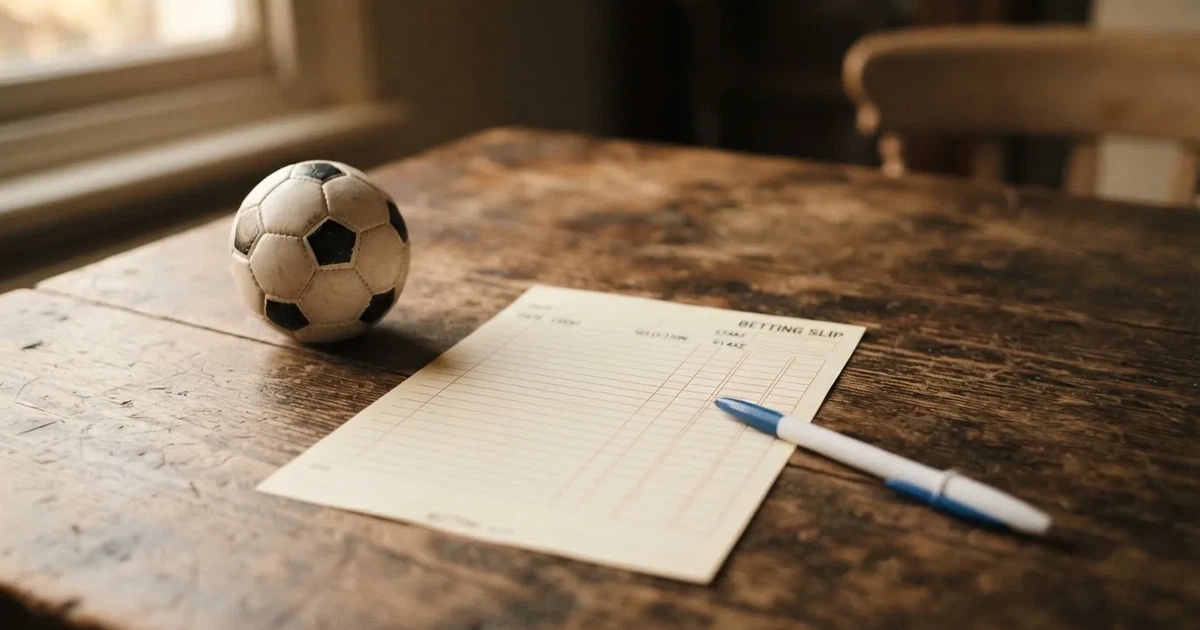Ein leerer Papier-Wettschein und ein Kugelschreiber liegen neben einem kleinen Fußball auf einem Holztisch, weiches Fensterlicht.