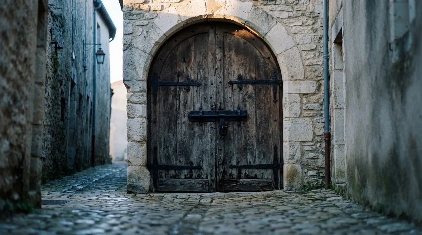 Ein massives Holztor mit eisernem Riegel steht in einer ruhigen Gasse im Morgenlicht.