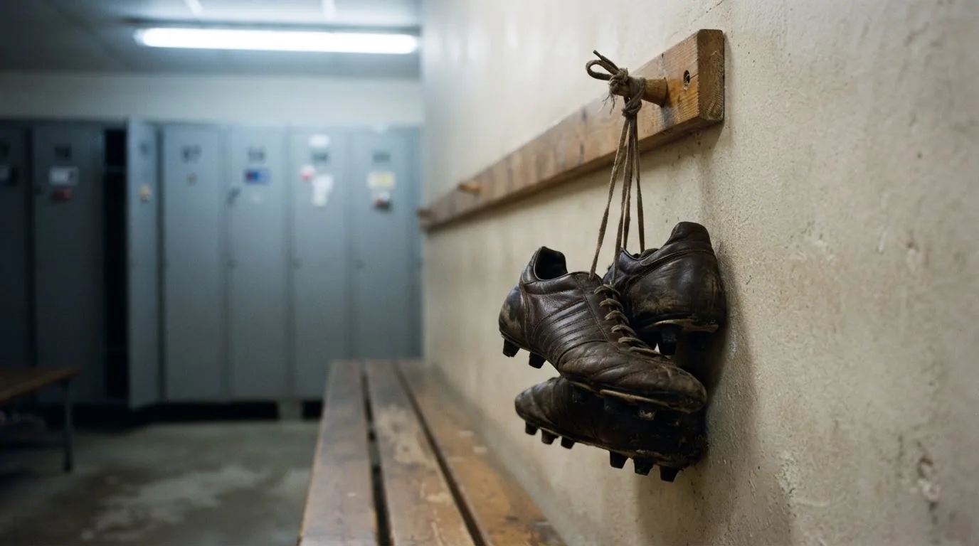 Ein Paar Fußballschuhe hängt an den Schnürsenkeln an einem Holzhaken in einer leeren Umkleidekabine.