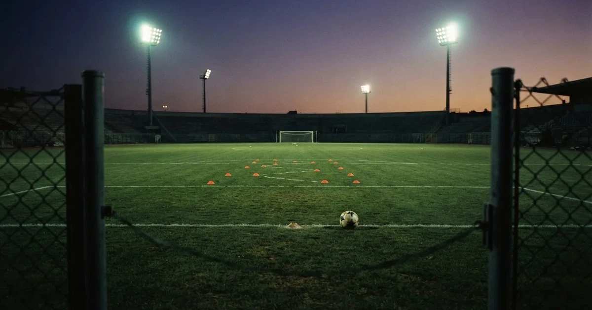 Eine Flutlichtanlage ragt über einen Trainingsplatz, auf dem Rasen liegen verstreut Hütchen und ein Ball, am Himmel die Abenddämmerung.