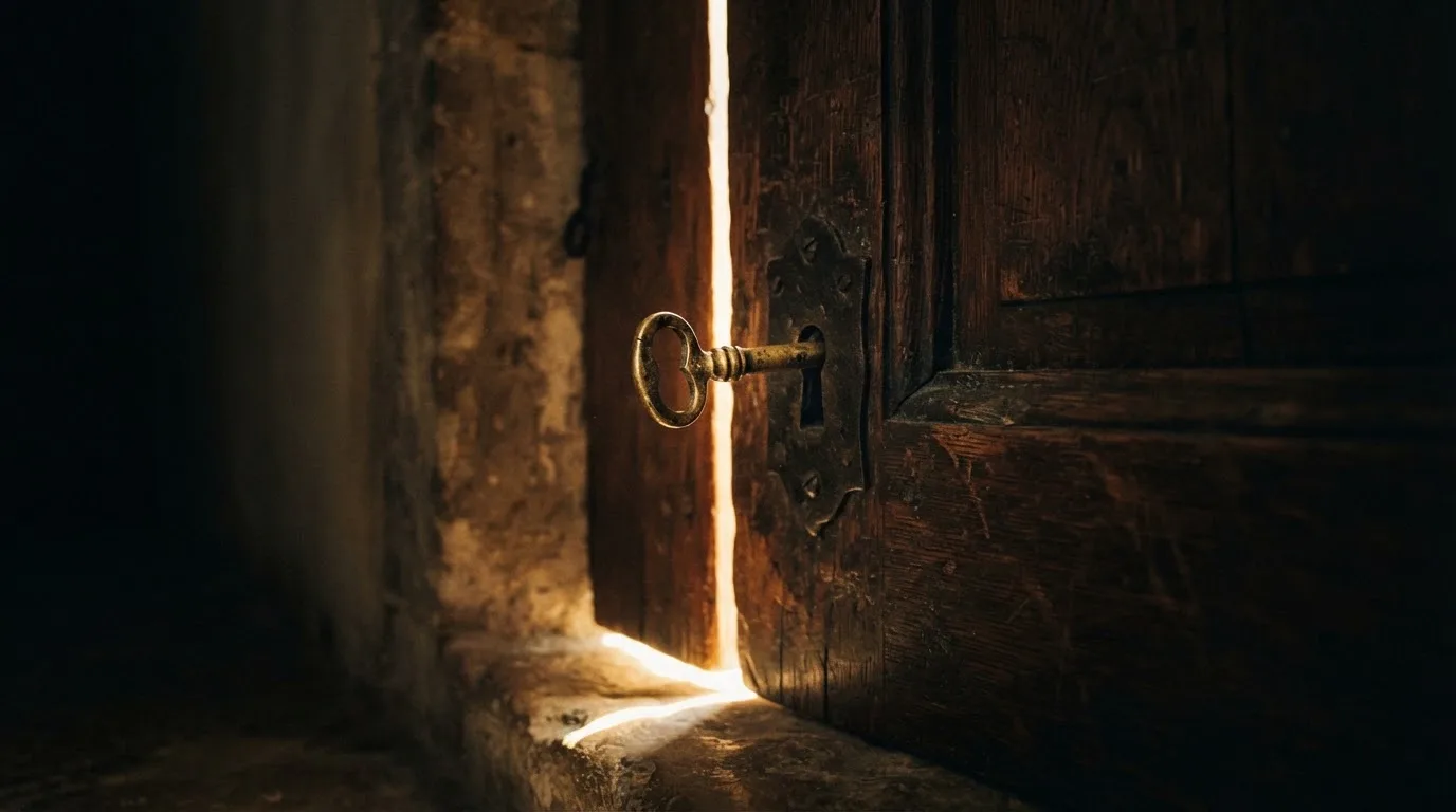Ein Schlüssel steckt im Schloss einer massiven Holztür, Licht fällt durch einen schmalen Spalt.