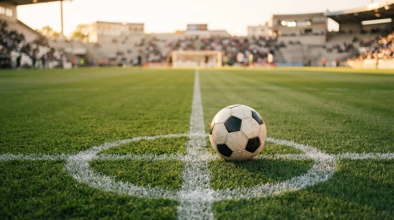 Ein Fußball liegt auf dem Rasen im Mittelkreis, die Kreidelinien führen scharf ins Bild, dahinter verschwimmt eine Tribüne.