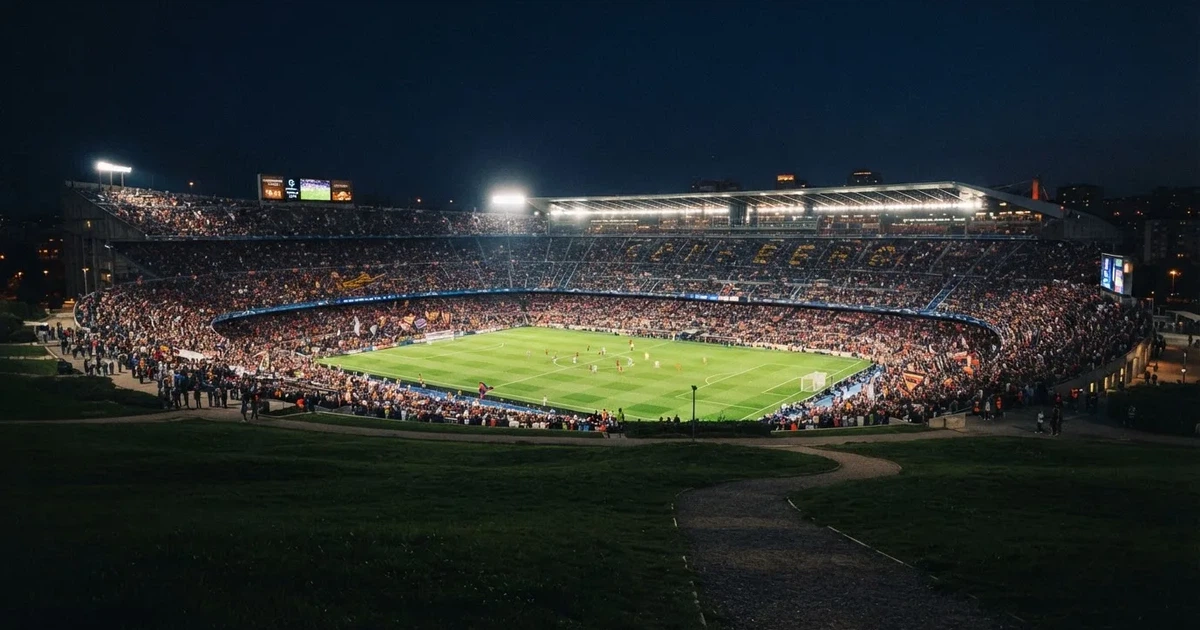 Ein großes Stadion bei Nacht, aus der Ferne unter Flutlicht gesehen, die Ränge hell erleuchtet, der Rasen leuchtend grün.