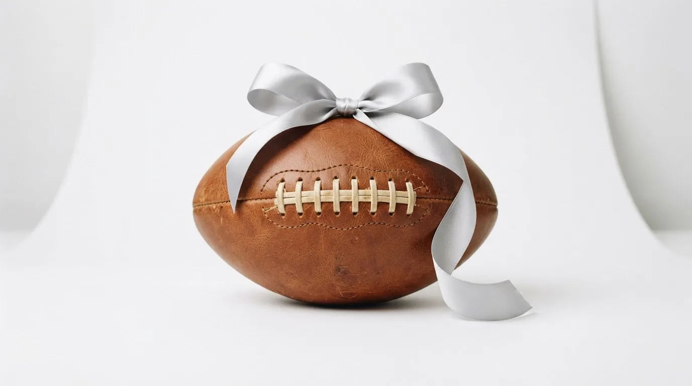 Eine silberne Geschenkschleife liegt auf einem kleinen Lederfußball vor einem hellen Hintergrund.
