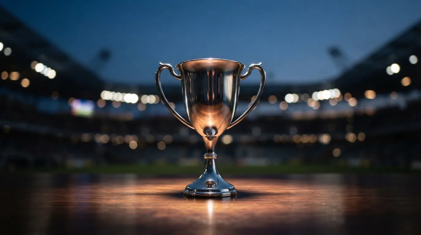 Ein silberner Pokal ohne Gravur steht auf einem schlichten Sockel, hinter ihm verschwimmen die Flutlichter eines Stadions.