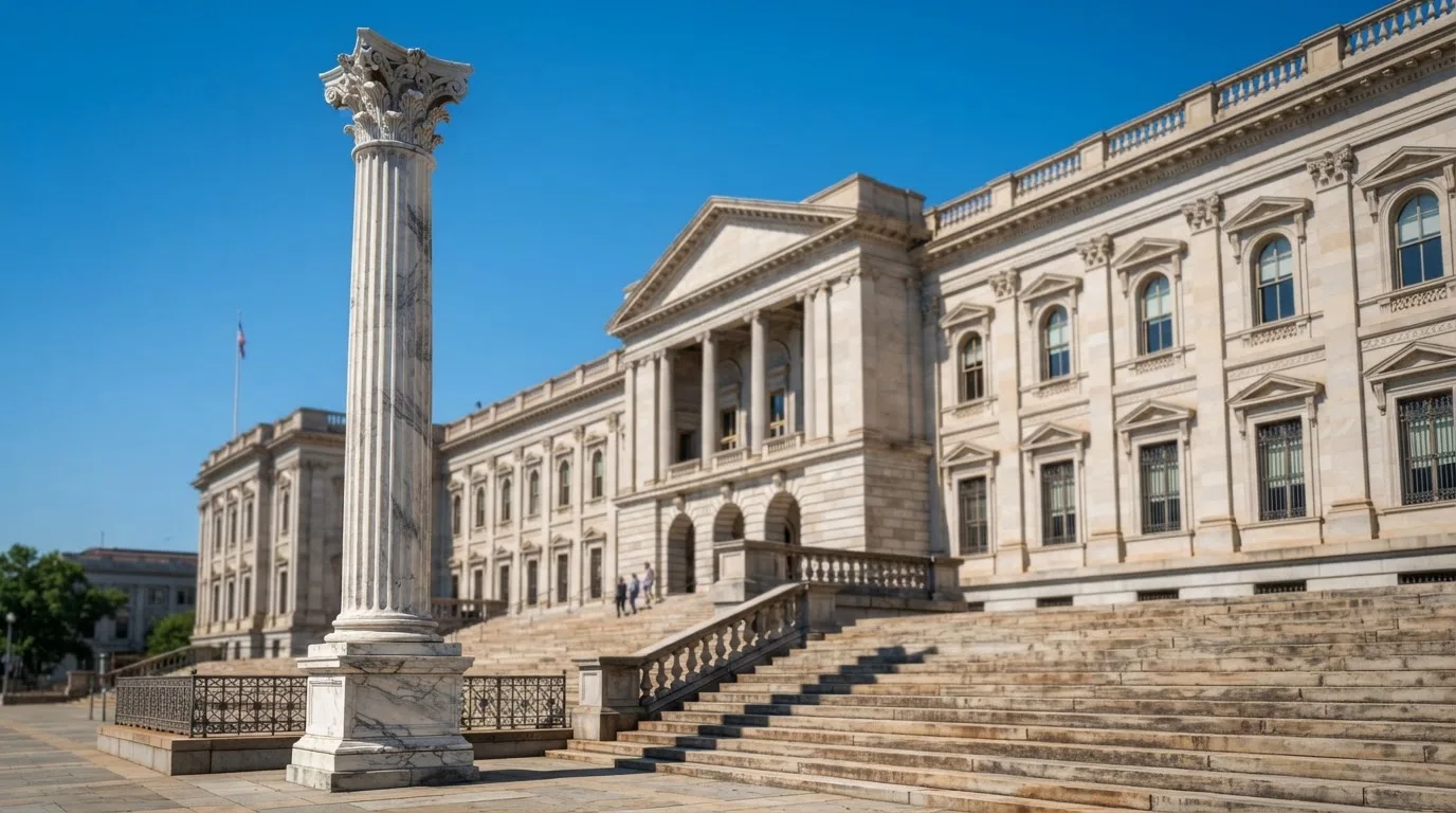 Eine Marmorsäule vor einem klassischen Gebäude, im Hintergrund blauer Himmel.