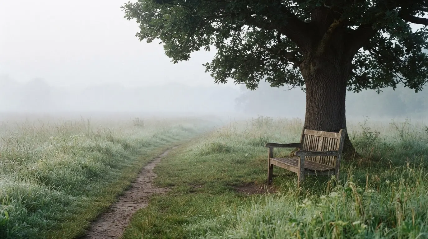 Ein Feldweg führt durch Wiesen im Morgennebel, eine Bank steht unter einem einzelnen Baum.