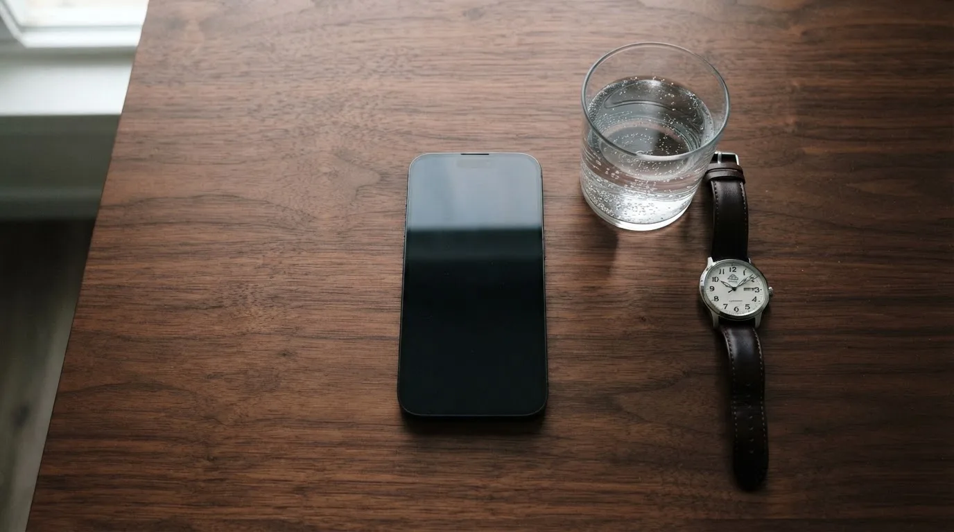 Ein Smartphone liegt mit dunklem Display auf einem Tisch, daneben ein Glas Wasser und eine Armbanduhr.