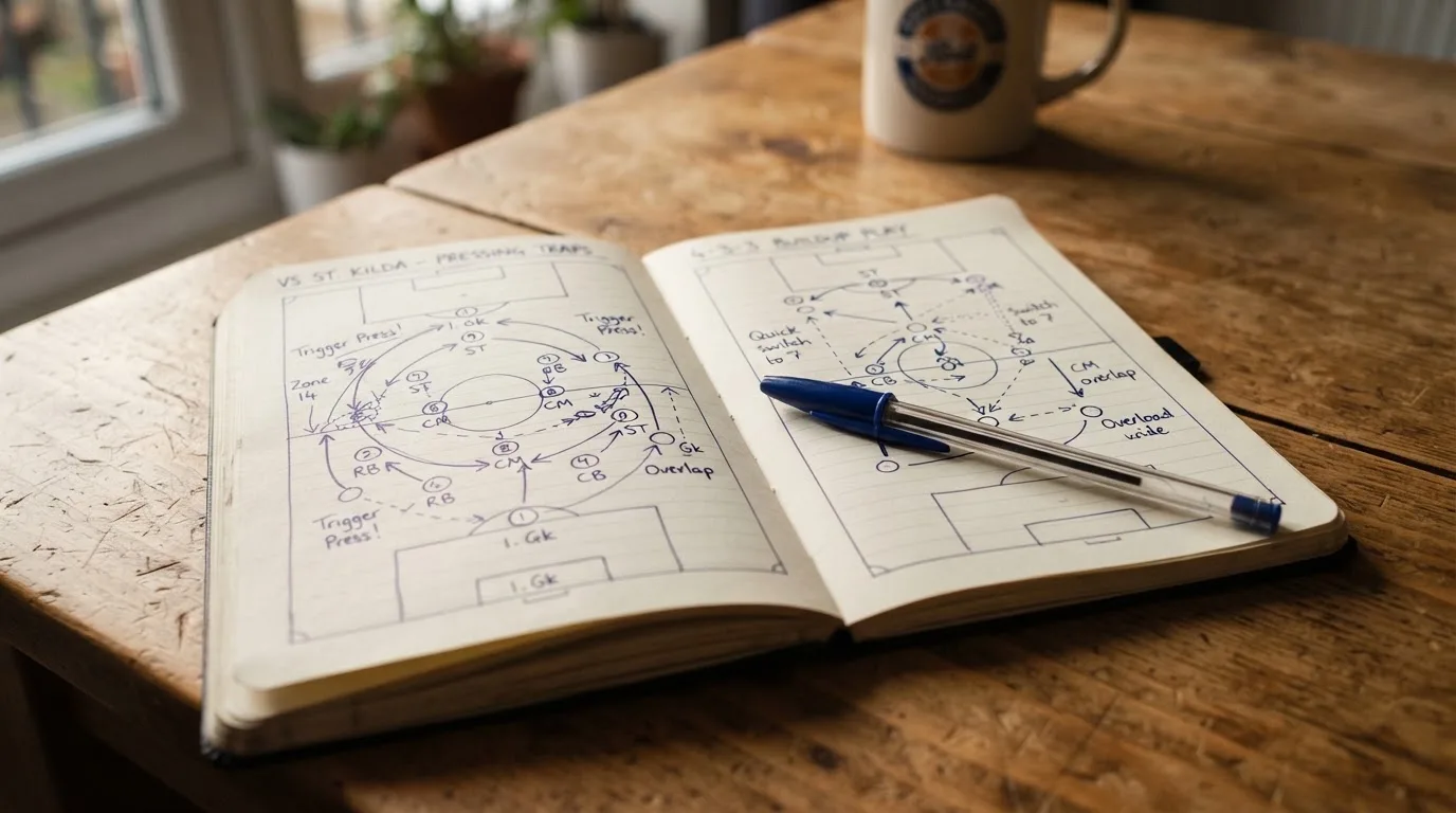 Ein aufgeschlagenes Notizbuch mit handschriftlichen Skizzen von Spielzügen liegt neben einem Kugelschreiber auf einem Holztisch.