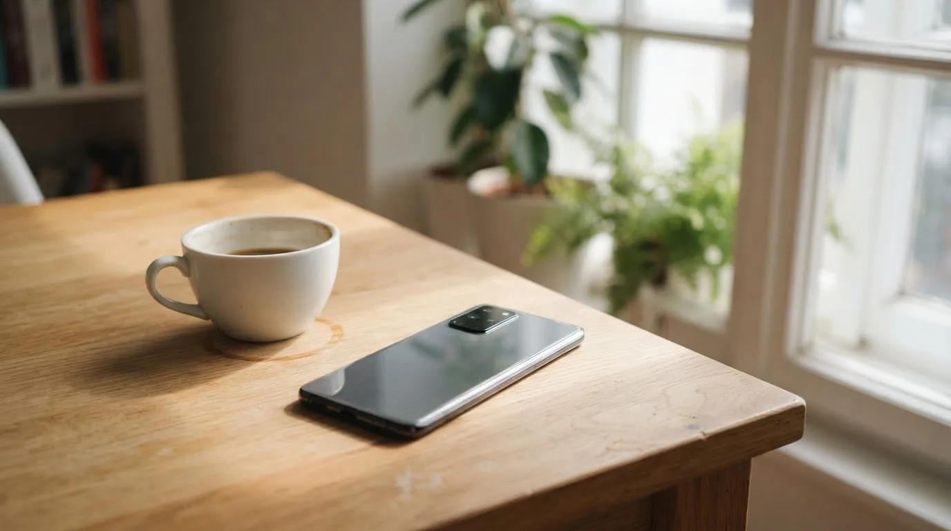 Ein Smartphone mit dunklem Display liegt neben einer Kaffeetasse auf einem Holztisch im Licht eines Fensters.